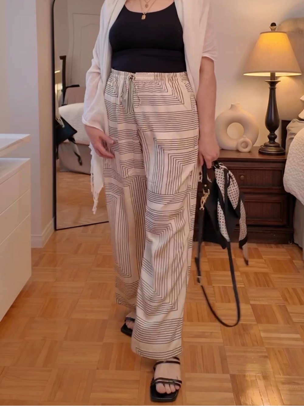 H&M Cream Wide-Leg Pants with Black Geometric Paterns